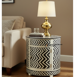 Modern Eco-Friendly <b>Black</b> Chevron Bone Inlay Drum <b>Side</b> <b>Table</b> Artisan Handmade Bedroom Furniture Living Room Accent <b>Table</b> - Product Image 6