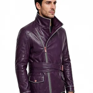 Chaqueta de Cuero para Hombre con Bloques de Color, Cuello Camisero, Botones Frontales, Cinturón en la Cintura, Abrigo Casual de Invierno - Product Image 3