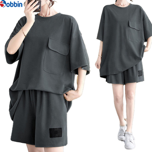 Conjunto de Mujer de Moda, Estilo Hip Hop, Casual, Verano, 100% Algodón, Corte Regular, Cuello Redondo, Bolsillos, Pantalones Cortos Anchos - Product Image 1