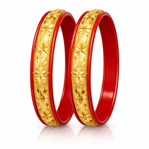 Charming Floral <b>Red</b> Gold Plated Bangle <b>Bracelet</b> Pair Elegant Pattern Jewelry for Women Wedding and Festive Collection - Product Image 1