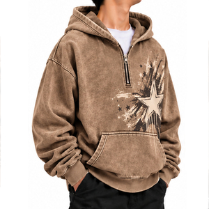 Mens Urban Acid Wash Quarter <b>Zip</b> <b>Hoodie</b> Custom Clothing Factory OEM ODM Wholesale Cotton Fleece Kangaroo <b>Pocket</b> Apparel Exporter - Product Image 1
