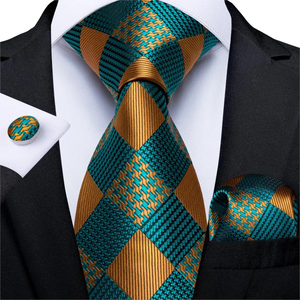 Corbata de Seda Satinada Ecológica con Diseño Paisley Verde Azulado y Dorado, Corbata Formal de Negocios para Hombre - Product Image 1
