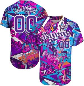 Maillot de baseball personnalisé sublimé unisexe à manches courtes, imprimé graffiti violet rose, respirant en polyester, pour adulte, toutes saisons, avec nom d'équipe - Product Image 1