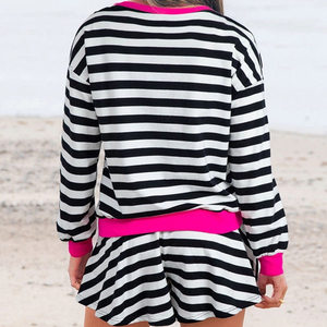 Ensemble Lounge Urbain Rayé Deux Pièces pour Femme : Sweat-shirt à Manches Longues Col Rond et Short Taille Haute Assorti - Product Image 5