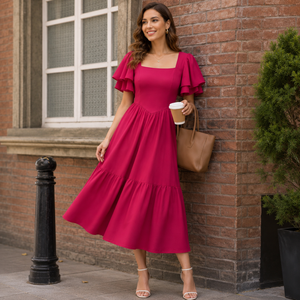 Vestido Largo Maxi Rosa Intenso con Cuello Cuadrado y Mangas con Volantes en Capas para Mujer, Estilo Elegante Casual para Fiesta de Verano - Product Image 3
