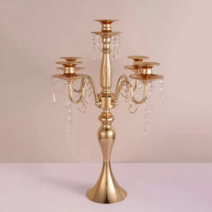 Shining rose gold five arms tabletop <b>candelabra</b> featuring layered blossom bobeche cups, available at wholesale prices. - Product Image 1