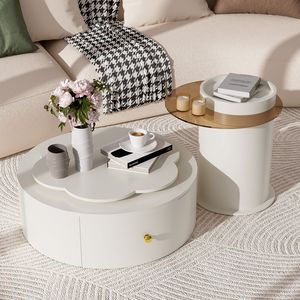 Set di 2 Tavolini da Caffè Moderni con Piano Girevole a 360 Gradi a Forma di Fiore, 2 Cassetti, Tavolino Laterale Circolare e Tavolino d'Appoggio - Product Image 1