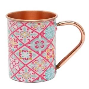 Taza Moscow Mule de Cobre con Asa, Diseño Floral Geométrico Rosa, Vaso Metálico Vintage - Product Image 2