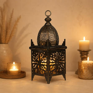 <b>Moroccan</b> Floral Cutwork Metal <b>Lantern</b> with Antique Finish Decorative Candle Holder for Ramadan Home Wedding Decor - Product Image 1