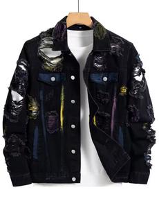 Unisex <b>Punk</b> Style Ripped Bomber <b>Jacket</b> Black Hooded Collar Regular Length Zipper Closure Slim Fit Cotton Material Front Autumn - Product Image 1