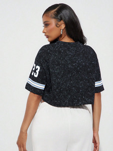 Women American Football Jersey Crop <b>Top</b> Acid Wash Short Sleeve Streetwear T Shirt Custom OEM Bulk Supplier - Product Image 3
