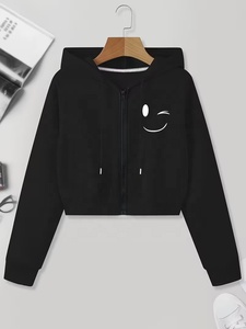 เสื้อครอปผู้หญิงสีดำพิมพ์ลายการ์ตูนยิ้มมีซิปด้านหน้าผ้าฝ้าย 100% - Product Image 6