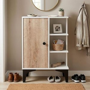 Meuble à chaussures en bois avec porte et étagères ouvertes, armoire de rangement à 4 niveaux pour entrée, salon et chambre, bois d'ingénierie - Product Image 1