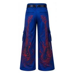 Men's Blue Wide Leg Cargo Pants With Red Guitar Print High Waist Multiple Pockets Punk Style Breathable Polyester Trousers - Product Image 3