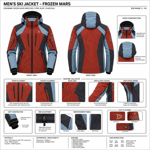 Men's Hooded Ski <b>Jacket</b> Red Blue Color Blocked <b>Waterproof</b> 10,000mm for Stretch -Tex Zipper Closure - Product Image 5