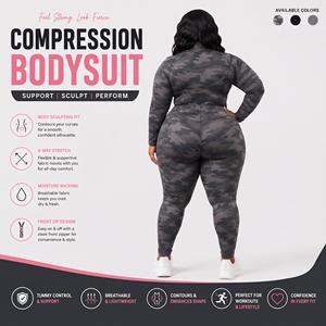 Camo Printed Plus Size Compression Jumpsuit Half-<b>Zip</b> Full Body One Piece Women's Yoga Fitness Four-Way Stretch Water Resistant - Product Image 3