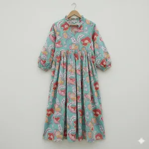 Robe midi en coton bleu clair de qualité supérieure, à imprimé floral, avec manches bouffantes, coupe ample, col en V, robe d'été décontractée - Product Image 1