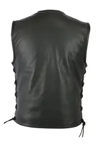 Gilet sans manches en cuir véritable pour homme, col en V, fermeture éclair sur le devant, style motard, couleur unie, automne - Product Image 3
