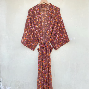Brown Floral <b>Vintage</b> Silk Sari Handmade Recycled Kimono for Her Bikini Wrap up for Her Robe for Women - Product Image 1