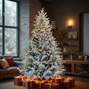 7 FT Pre-Lit Snow Flocked Christmas Tree Artificial Hinged Pine Tree with 1100 <b>Branch</b> Tips and 400 <b>Lights</b> for Holiday Parties - Product Image 2