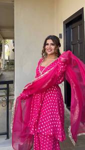 Conjunto Sharara Rosa Jacquard para Mujer, Traje Étnico Indio, Blusa Larga con Estampado Floral, Dupatta de Tela de Red, Vestido para Boda o Fiesta - Product Image 3