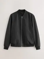 Blouson aviateur matelassé noir en toile de haute qualité avec col montant et logo personnalisé sur le devant, vente en gros pour hommes