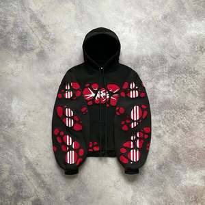 Sudadera con Capucha Negra Extra Grande con Aplique de Huella Roja, Manga Larga, Unisex, Estilo Casual Urbano, Ropa de Otoño - Product Image 2