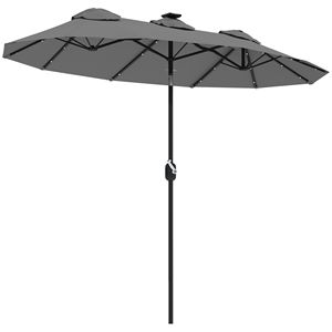 Parasol de patio extérieur double face de 9,7' avec mécanisme d'inclinaison et manivelle, éclairage solaire LED, 12 baleines, gris - Product Image 1