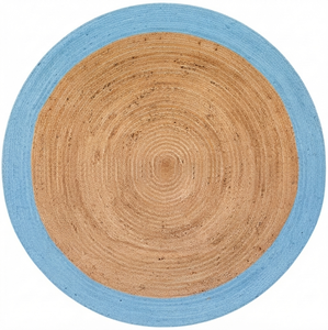Tapis rond en jute naturel avec bordure bleu ciel, tapis tressé fait main pour salon et chambre à coucher - Product Image 2