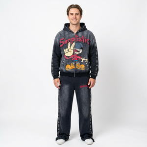 Simplistic Mens Mickey Mouse Printed Split Hem Hooded 100% Cotton Tracksuit Full Length Zipper Front Streetwear Loose Fit - Product Image 3