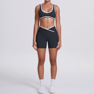 High Waist Yoga Set Racerback <b>Crop</b> <b>Top</b> Shorts Seamless Solid Black White Trim Four-Way Stretch Sportwear - Product Image 1