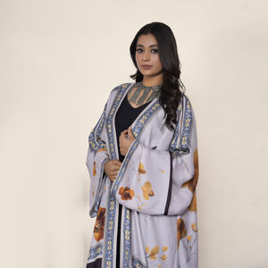 Abaya de satén coreano de lujo con estampado para mujer, elegante cárdigan árabe con frente abierto y mangas anchas, ropa islámica modesta. - Product Image 4