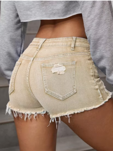 Shorts de mezclilla de cintura alta para mujer, desgastados, vintage, de algodón lavado, casuales, de verano - Product Image 4
