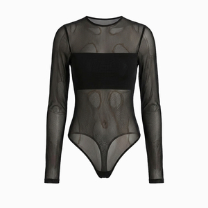 Body string décontracté d'été pour femme, uni, transparent, coupe haute, une pièce, en tissu résille, manches longues - Product Image 6