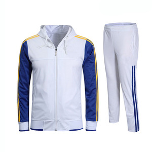 Men's White Blue Hooded Zipper Lightweight Towel Loop Tracksuit Full Length Breathable Polyester Sporty Casual Pants Side - Product Image 3