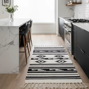 Tapis de couloir / tapis en coton tissé à la main, motif floral moderne, lavable en machine, réversible, noir, pour la maison, les pique-niques, les voyages, la décoration - Product Image 1