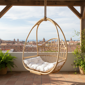 Outdoor Hanging Rattan Wicker Chair with Cushion MDF Panel Durable Modern Design for Bedroom & Garden - Product Image 1