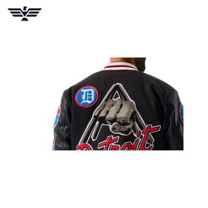 Blouson universitaire homme noir en cuir PU écologique avec patch brodé, color block, à bouton unique, style baseball, hiver - Product Image 2