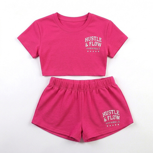 Women's Custom Logo Cotton/Polyester Cropped T-Shirts and Shorts <b>Set</b> Two-Piece Summer Wear Breathable <b>Twin</b> <b>Set</b> - Product Image 1