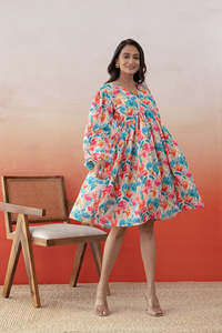 Robe midi en mousseline à imprimé floral, col en V, manches bouffantes, coupe trapèze ample, décontractée, pour femme, multicolore, magnifique - Product Image 4