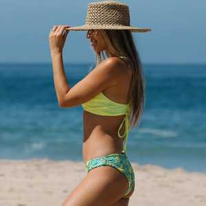 Women's Yellow Tropical Print Bikini Set <b>Crossed</b> Halter <b>Top</b> Cheeky Bottom Spandex Polyester Swimwear - Product Image 4