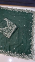 Sari en soie vert émeraude AARA Fashion avec broderie argentée pour femmes, tenue de mariage indienne traditionnelle, longueur au sol