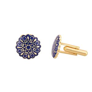 Mancuernillas Redondas de Lujo con Esmalte Azul y Baño de Oro con Diseño Floral para Hombre, Accesorios para Camisa Formal, Regalo de Boda o Negocios, Mancuernillas de Diseñador - Product Image 4