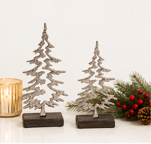 Modern Silver Aluminum Christmas <b>Tree</b> Sculpture Set Of 2 <b>Tabletop</b> Silhouette Holiday Figurine With Wooden Base For Home & Office - Product Image 4