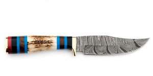 Outil utilitaire fixe en acier damas à motif ondulé, fabriqué à la main, avec manche en bois de cerf empilé et plusieurs entretoises - Product Image 2