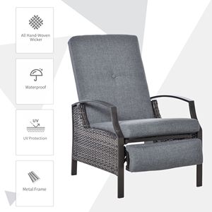 Sedia Reclinabile in Rattan Regolabile con Cuscino Grigio per Relax in Giardino - Product Image 4