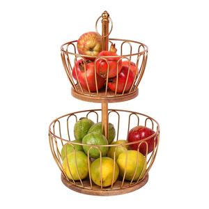 2-Tier Eco-Friendly Vintage Gold Wire Fruit Basket with Wooden Base Metal Countertop Holder & <b>Vegetable</b> Storage <b>Stand</b> - Product Image 3