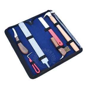 Kit d'outils de fermeur professionnel pour l'entretien des sabots, avec couteau courbé et affûté, marteau à clous, râpe, brosse de nettoyage et couteau à sabots - Product Image 1
