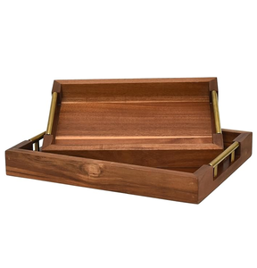 Plateau décoratif en bois moderne de haute qualité, forme rectangulaire avec poignées en laiton, design artisanal, plateau de service en bois, pièce unique - Product Image 1