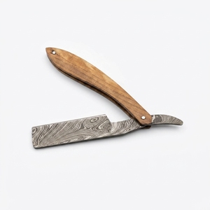 Navaja plegable de acero de Damasco hecha a mano, mango de madera de olivo, navaja de afeitar estilo vintage, fabricante directo de fábrica. - Product Image 3